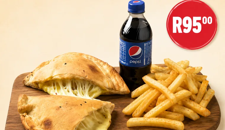 Cheese calzone with spicy chips and a 500ml Pepsi on a wooden board — Parks Pizza & Take-Aways R95 combo special