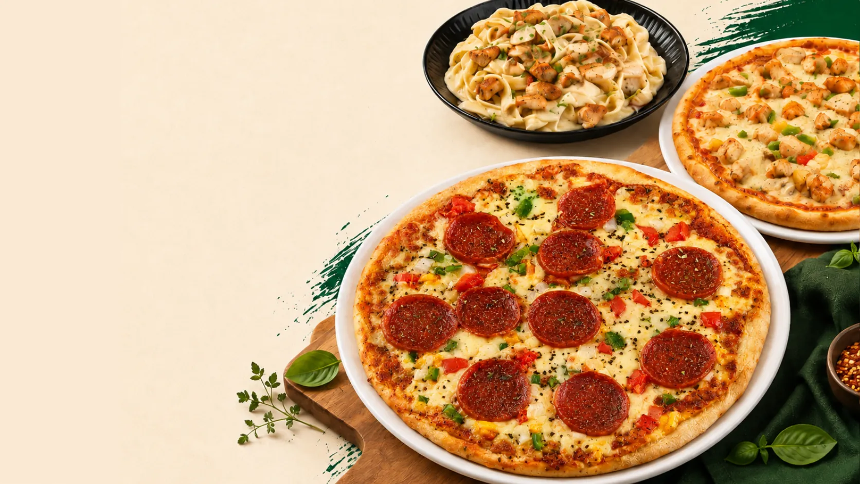 Parks Pizza & Take-Aways halal spread — pepperoni pizza, chicken pizza and creamy chicken pasta