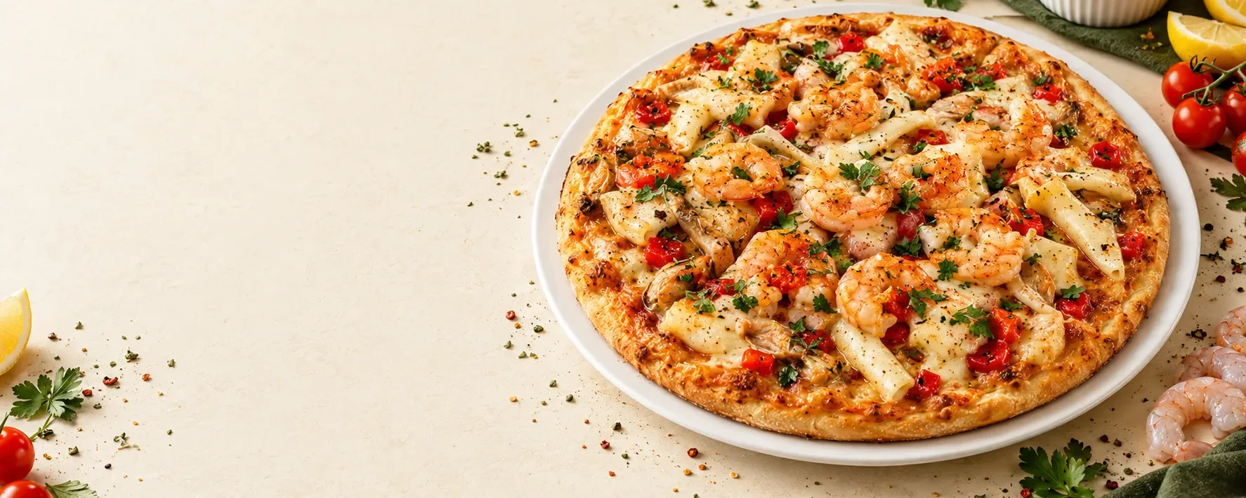 Parks Pizza & Take-Aways seafood pizza — prawns, calamari, peppers and fresh herbs