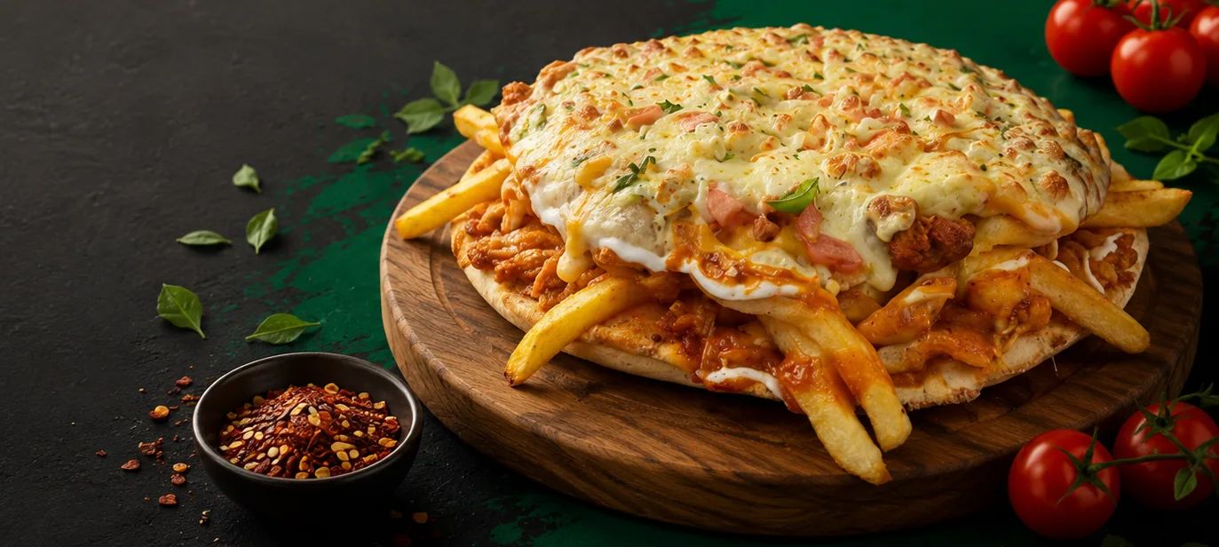 The Full House Pizza Gatsby loaded with spicy chips, cheese, egg and sauce — Parks Pizza & Take-Aways